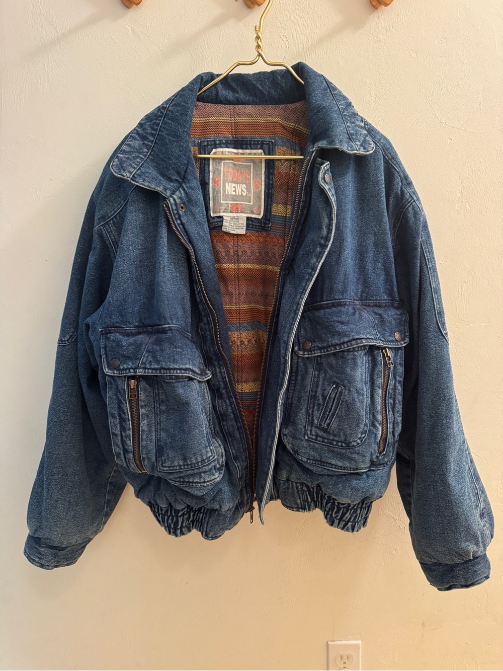 Vintage 90s Todays News Black Denim Jean Coat Jacket Aztec Lined